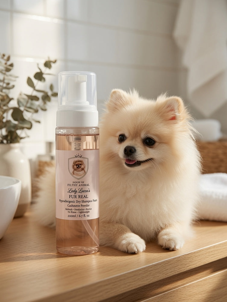 Waterless prebiotic dry foaming dog shampoo by House of Filthy Animal.