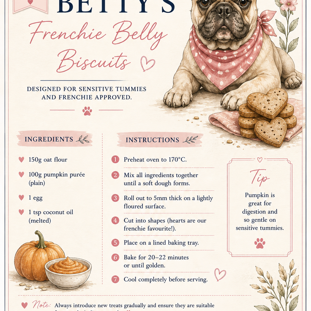 Healthy homemade dog treat recipe card. Beautifully designed and easy to follow.