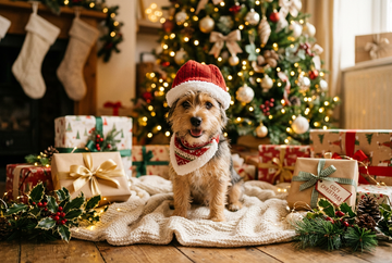 Scruffy terrier in a red Santa hat and festive knitted bandana sitting on a cream blanket beside a lit Christmas tree, wrapped gifts and stockings – Christmas gifts for dog lovers