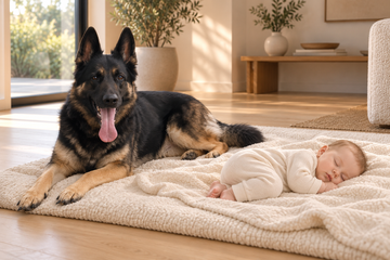 Sadie the German Shepherd beside a sleeping baby - can you use human or baby shampoo on dogs?
