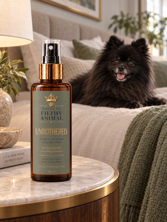 UNBOTHERED hemp and valerian calming spray for dogs, 250ml bottle with sage green label, by House of Filthy Animal