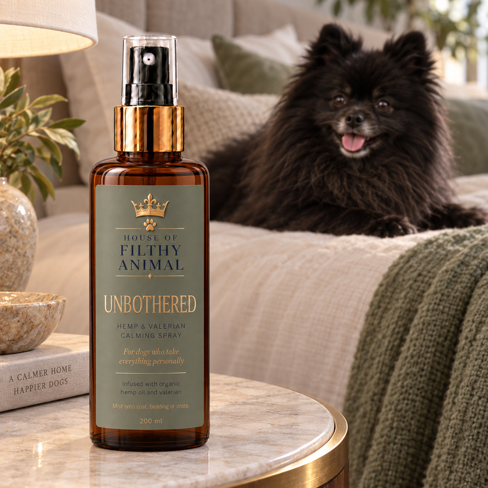UNBOTHERED hemp and valerian calming spray for dogs, 200ml bottle with sage green label, by House of Filthy Animal