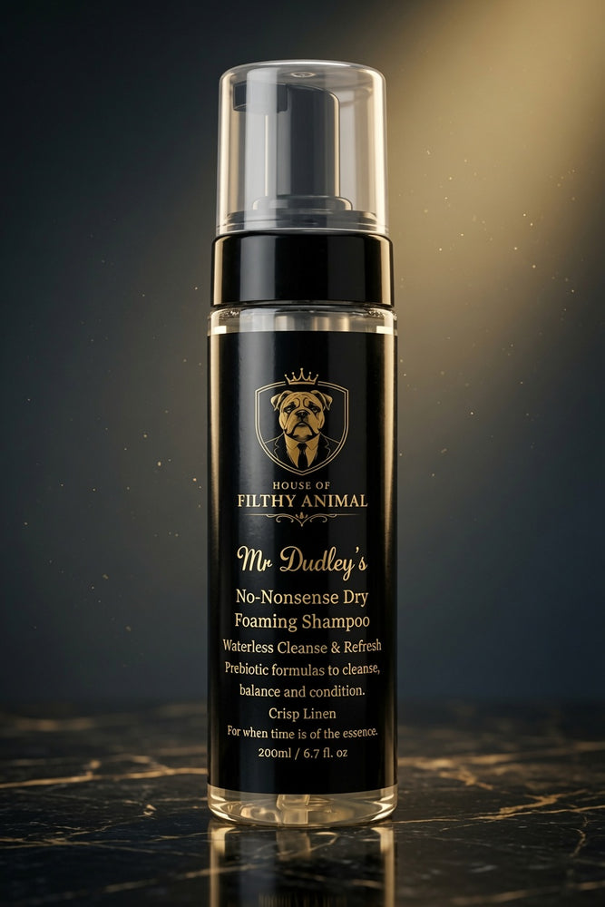 Waterless Prebiotic dry foaming dog shampoo by House of Filthy Animal.