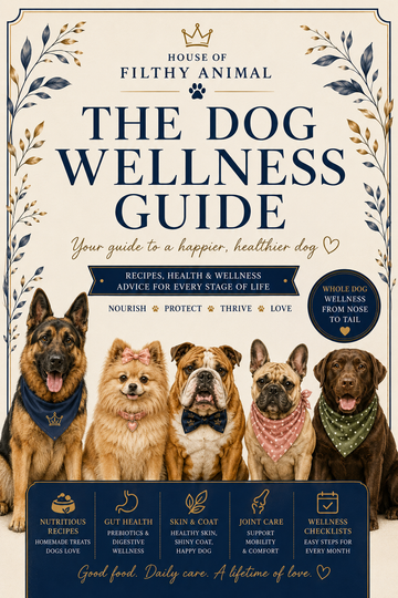 The Dog Wellness Guide digital download with printable dog health planners, nutrition advice, recipes and wellness trackers.