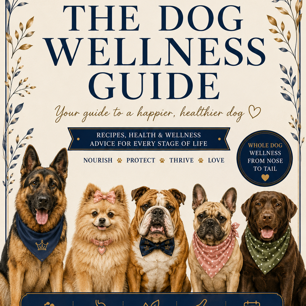 The Dog Wellness Guide digital download with printable dog health planners, nutrition advice, recipes and wellness trackers.