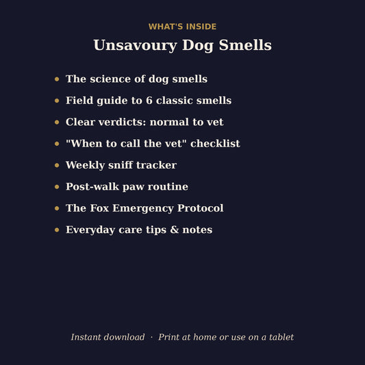 What's inside the dog smells guide: six classic smells, sniff tracker and vet checklist