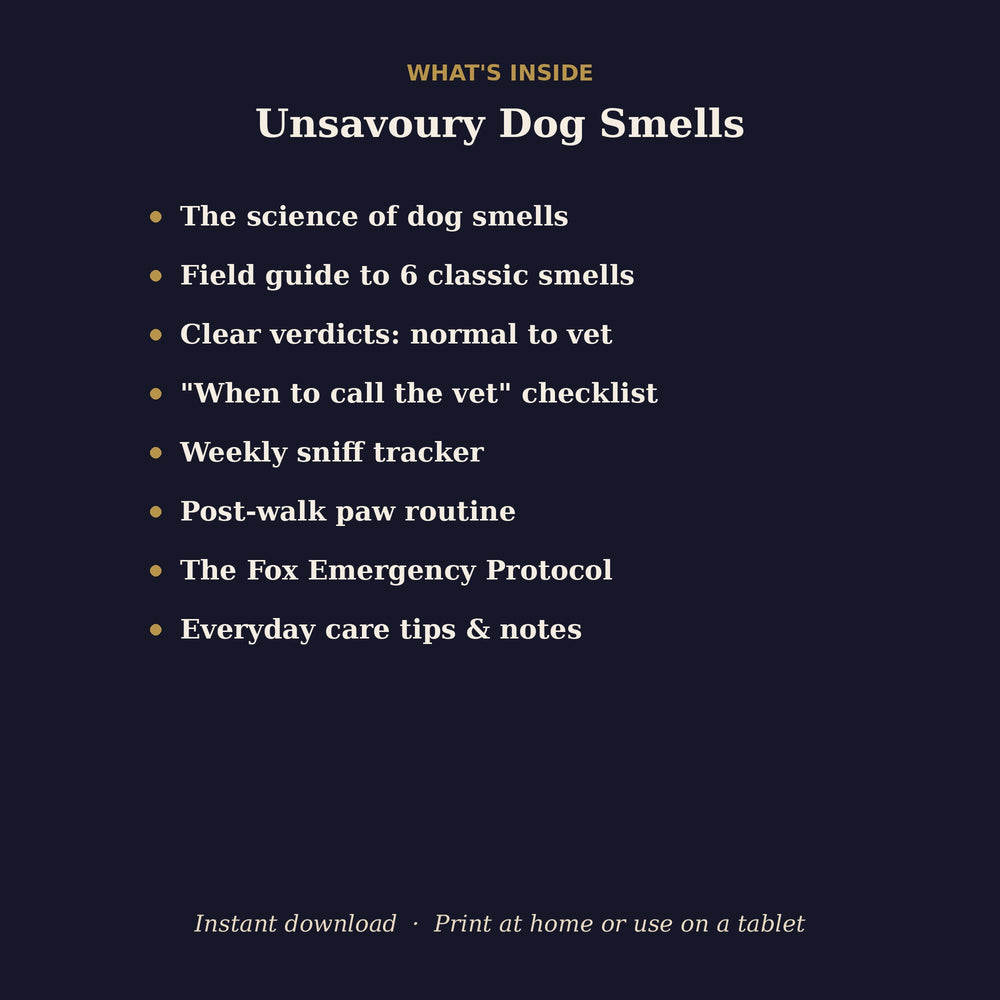 What's inside the dog smells guide: six classic smells, sniff tracker and vet checklist