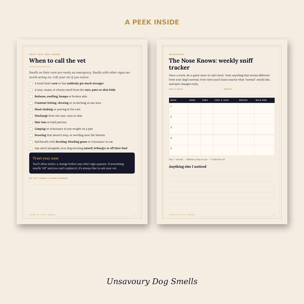 Preview pages: dog smell field guide with verdicts from normal to call the vet