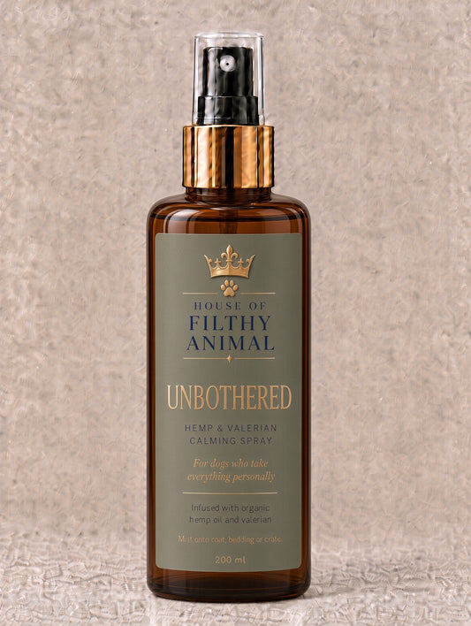 UNBOTHERED hemp and valerian calming spray bottle for dogs on a neutral background