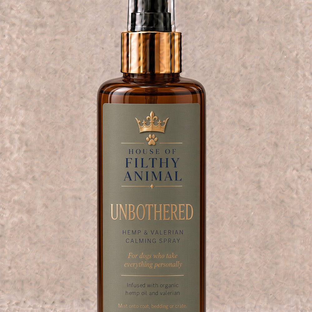 UNBOTHERED hemp and valerian calming spray bottle for dogs on a neutral background