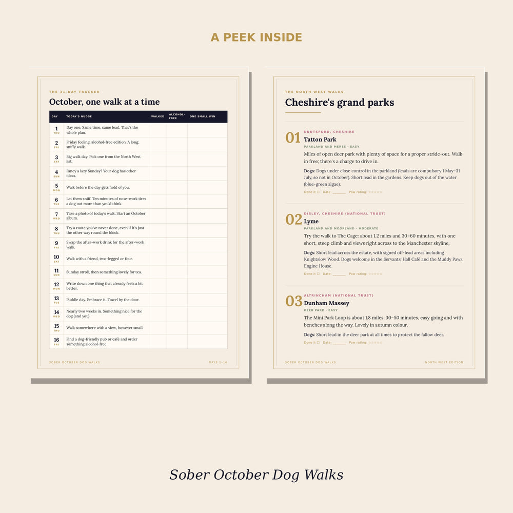 Preview pages: 31-day dog walk and alcohol-free tracker